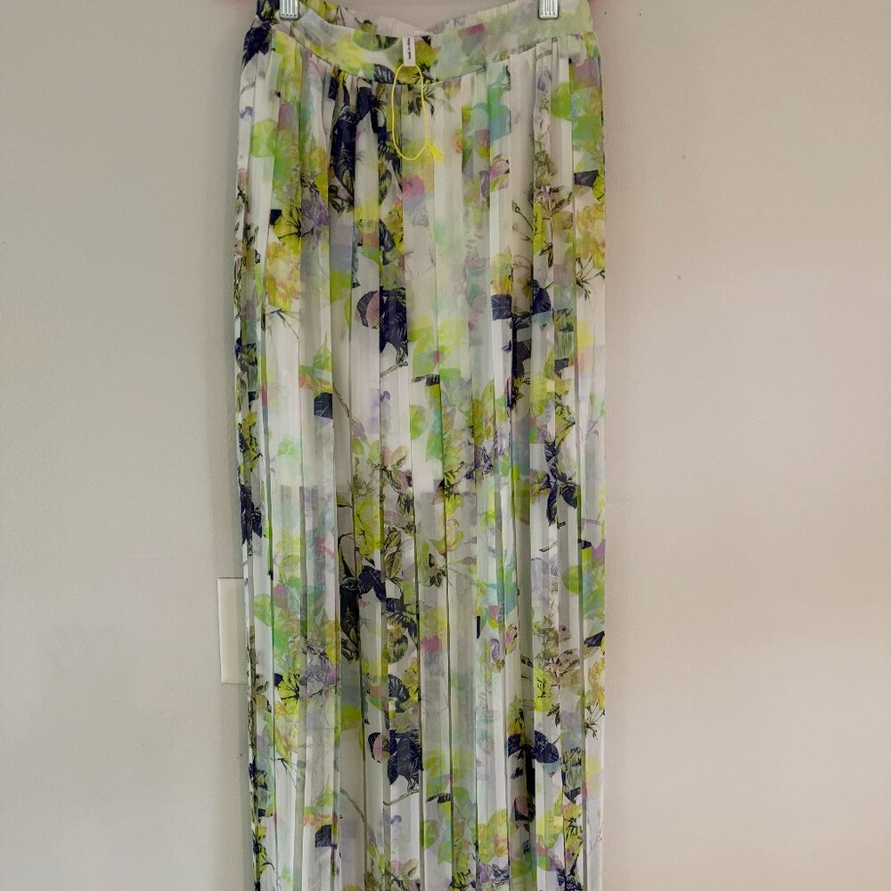 BCBGeneration White Floral Maxi Skirt with Lime and Navy Accents
